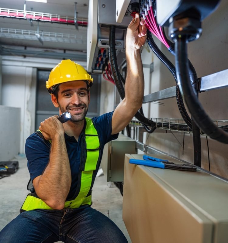 Service Engineer use tablet working inspection installation inverter solar cell. Technician maintenance solar cells. Technology solar energy renewable.